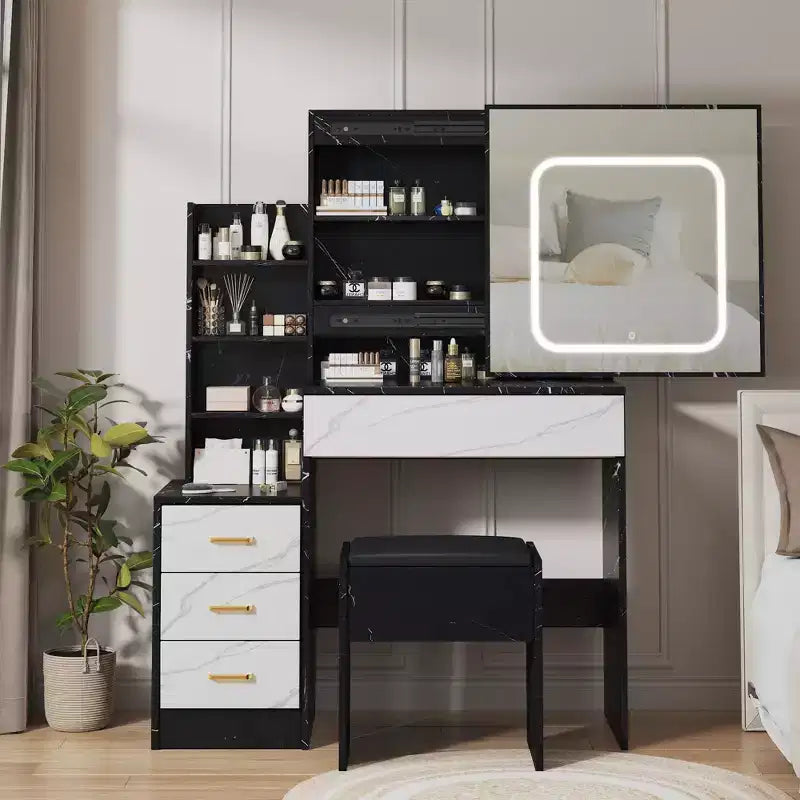 Coiffeuse avec lumières LED, Coiffeuse de maquillage avec miroir coulissant éclairé