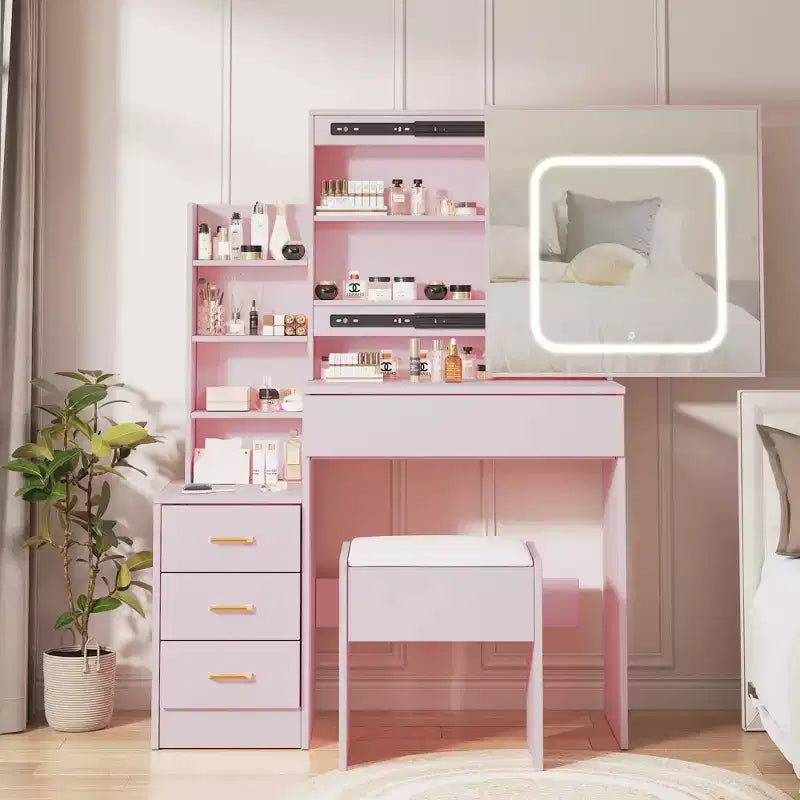 Coiffeuse avec lumières LED, Coiffeuse de maquillage avec miroir coulissant éclairé