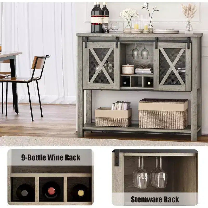 Meuble de Bar à Café et Cave à Vin de Ferme avec Portes Coulissantes Rustiques - Buffet Rustique