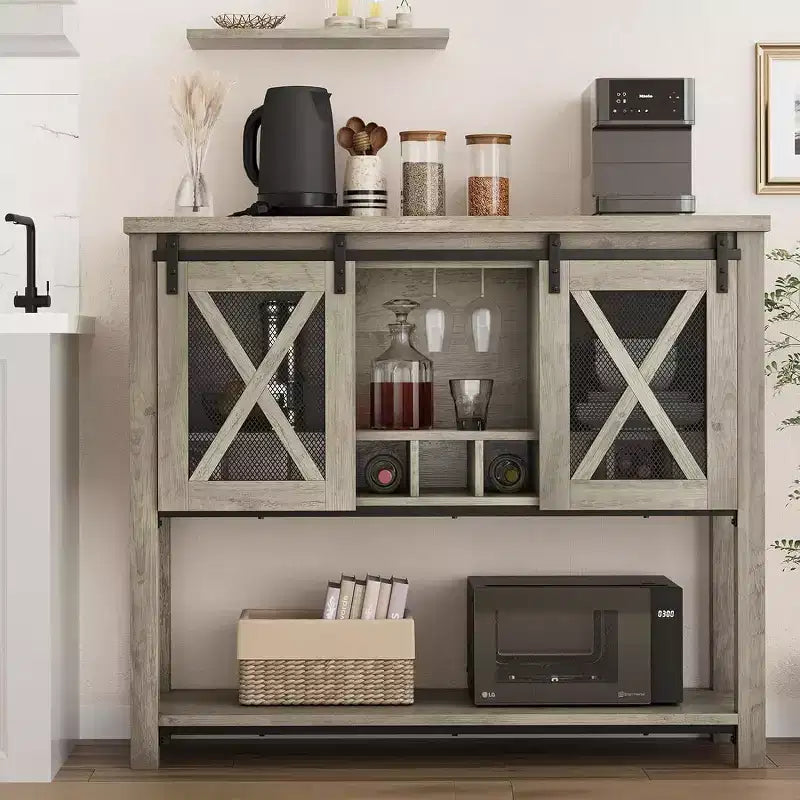 Meuble de Bar à Café et Cave à Vin de Ferme avec Portes Coulissantes Rustiques - Buffet Rustique