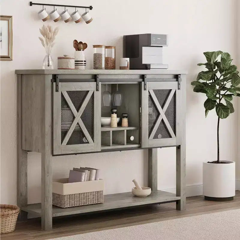 Meuble de Bar à Café et Cave à Vin de Ferme avec Portes Coulissantes Rustiques - Buffet Rustique