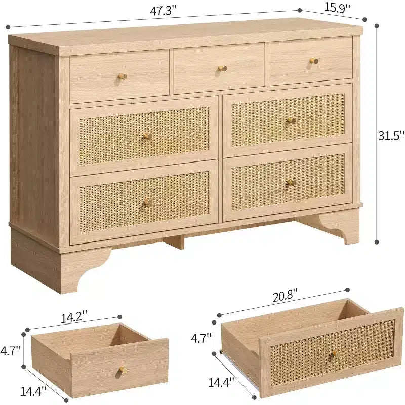 Commode à 7 tiroirs avec tiroirs en rotin naturel, coffre en bois avec base robuste