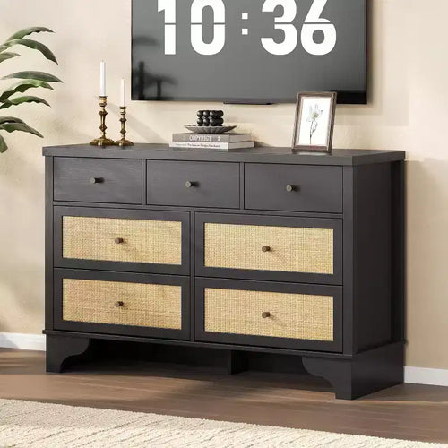 Commode à 7 tiroirs avec tiroirs en rotin naturel, coffre en bois avec base robuste