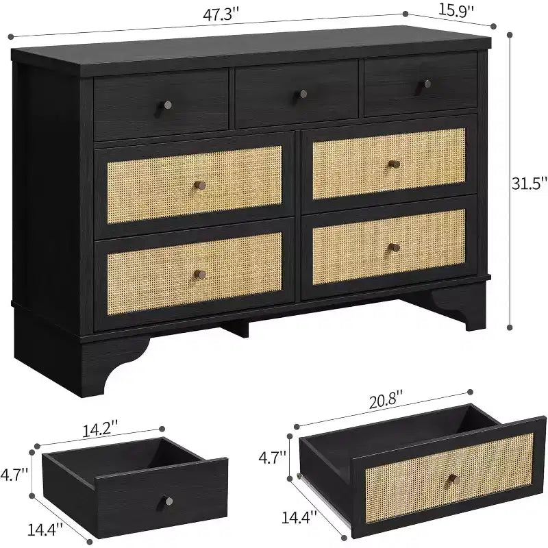 Commode à 7 tiroirs avec tiroirs en rotin naturel, coffre en bois avec base robuste