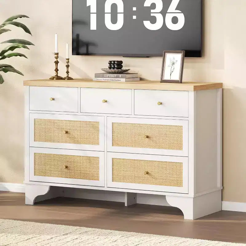 Commode à 7 tiroirs avec tiroirs en rotin naturel, coffre en bois avec base robuste