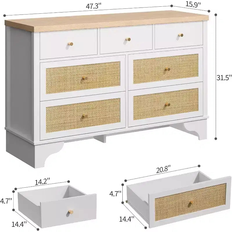 Commode à 7 tiroirs avec tiroirs en rotin naturel, coffre en bois avec base robuste