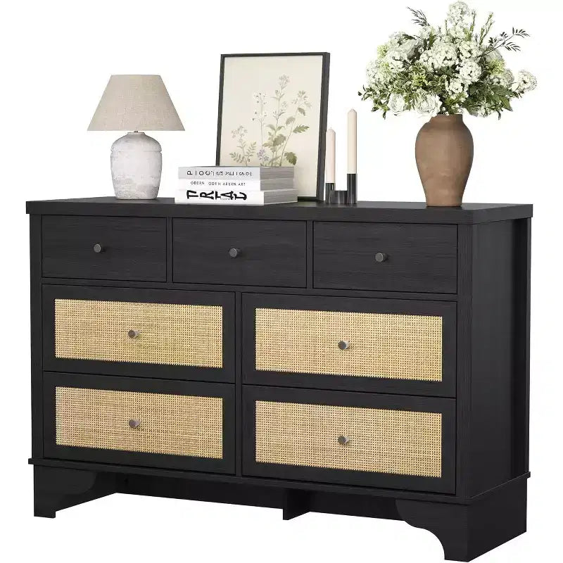 Commode à 7 tiroirs avec tiroirs en rotin naturel, coffre en bois avec base robuste