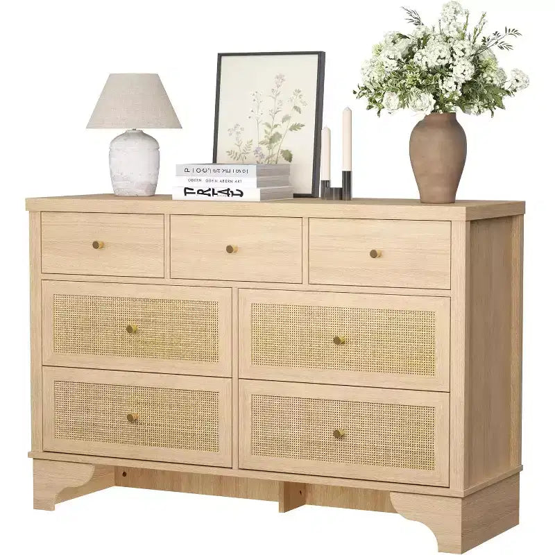 Commode à 7 tiroirs avec tiroirs en rotin naturel, coffre en bois avec base robuste