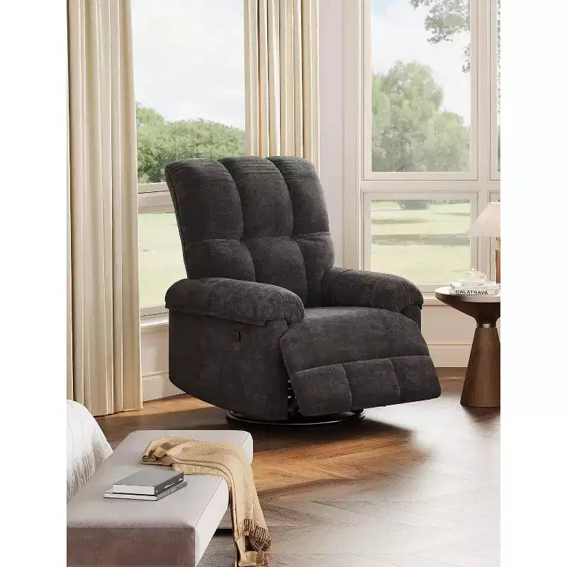 Fauteuil inclinable, pivotant et à bascule, rembourrage en chenille surpiqué, accoudoirs matelassés