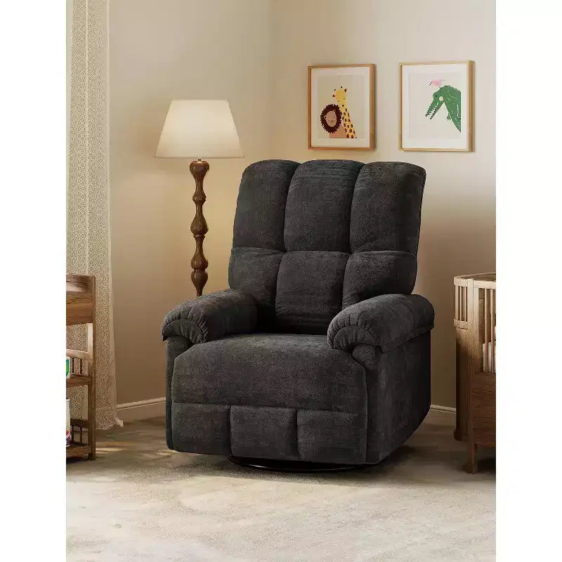 Fauteuil inclinable, pivotant et à bascule, rembourrage en chenille surpiqué, accoudoirs matelassés