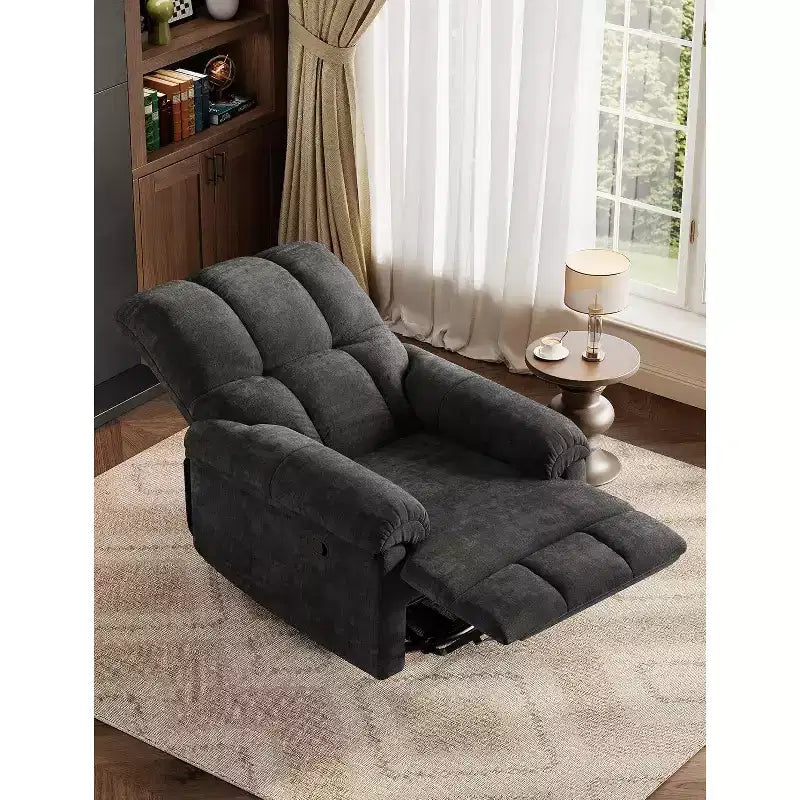 Fauteuil inclinable, pivotant et à bascule, rembourrage en chenille surpiqué, accoudoirs matelassés