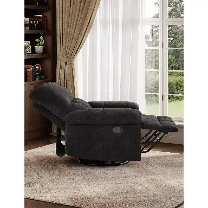 Fauteuil inclinable, pivotant et à bascule, rembourrage en chenille surpiqué, accoudoirs matelassés