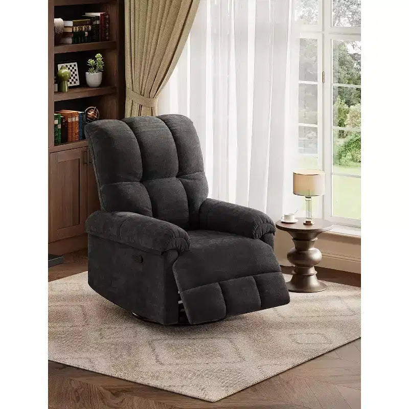 Fauteuil inclinable, pivotant et à bascule, rembourrage en chenille surpiqué, accoudoirs matelassés