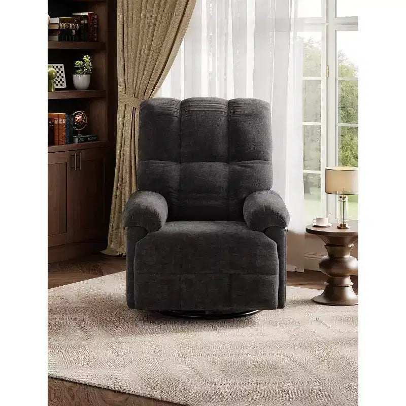 Fauteuil inclinable, pivotant et à bascule, rembourrage en chenille surpiqué, accoudoirs matelassés