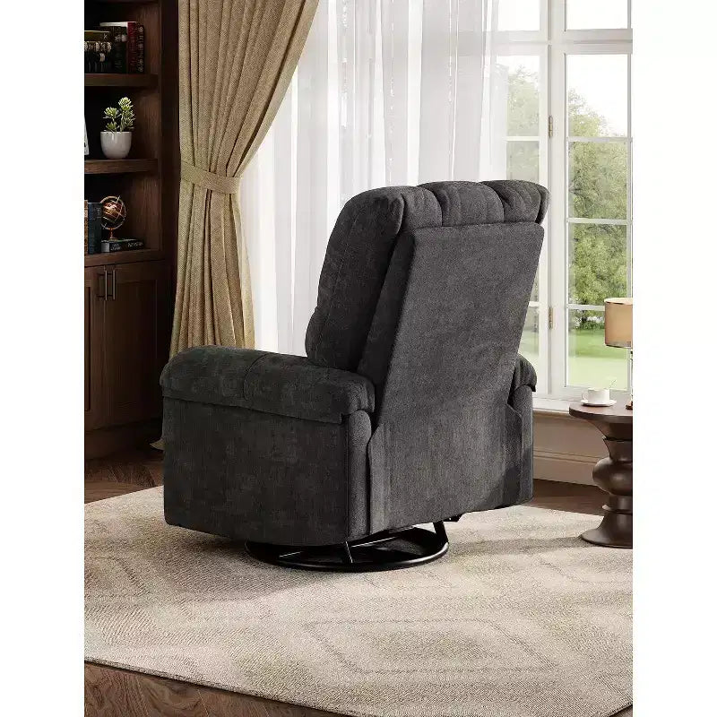 Fauteuil inclinable, pivotant et à bascule, rembourrage en chenille surpiqué, accoudoirs matelassés