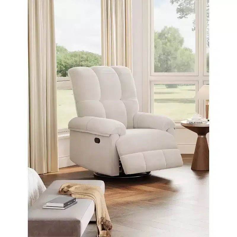 Fauteuil inclinable, pivotant et à bascule, rembourrage en chenille surpiqué, accoudoirs matelassés