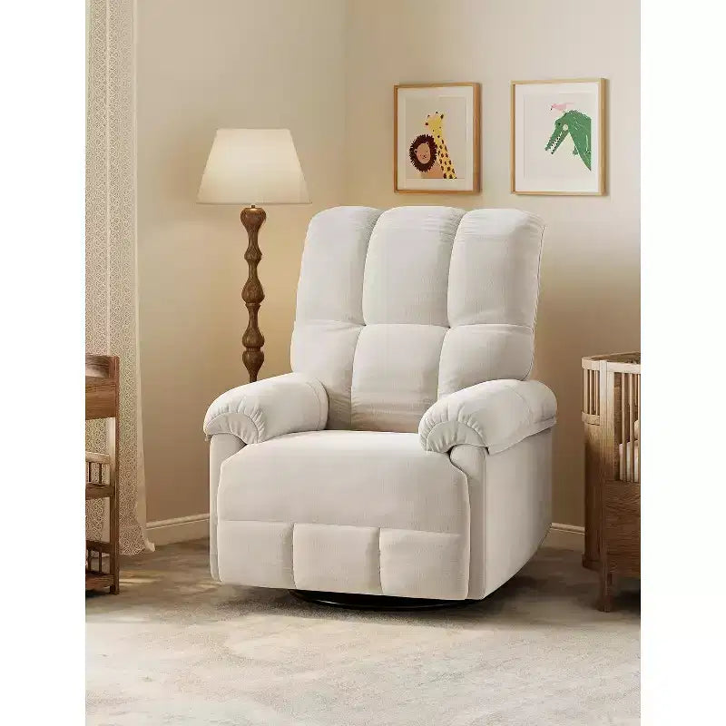Fauteuil inclinable, pivotant et à bascule, rembourrage en chenille surpiqué, accoudoirs matelassés