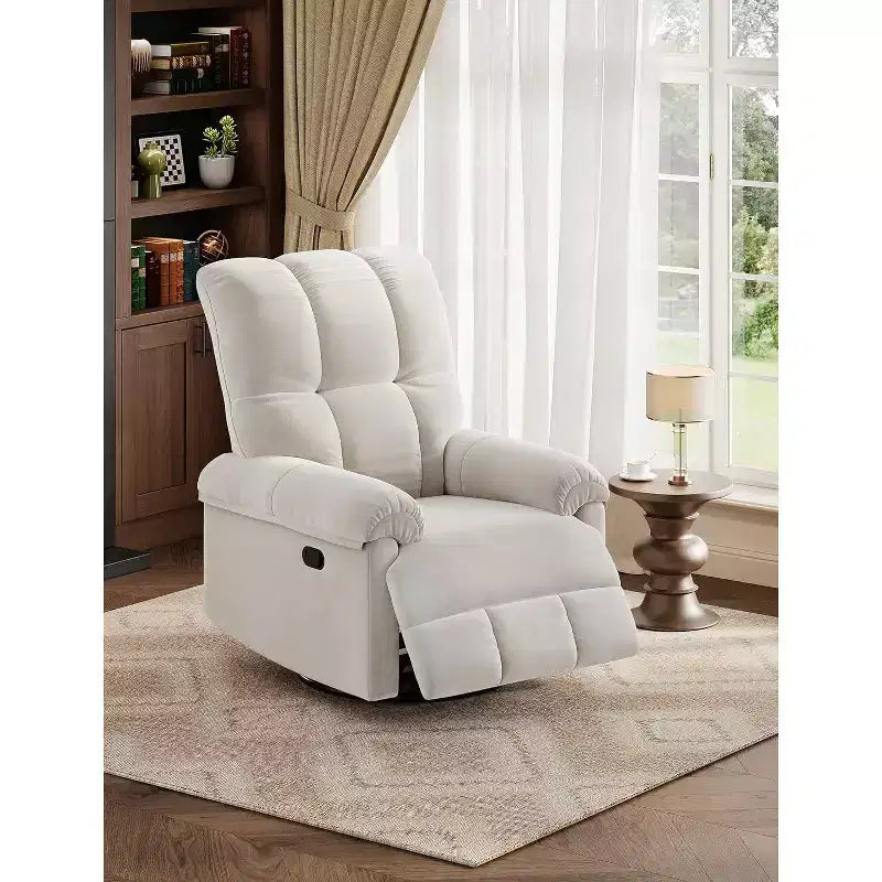 Fauteuil inclinable, pivotant et à bascule, rembourrage en chenille surpiqué, accoudoirs matelassés