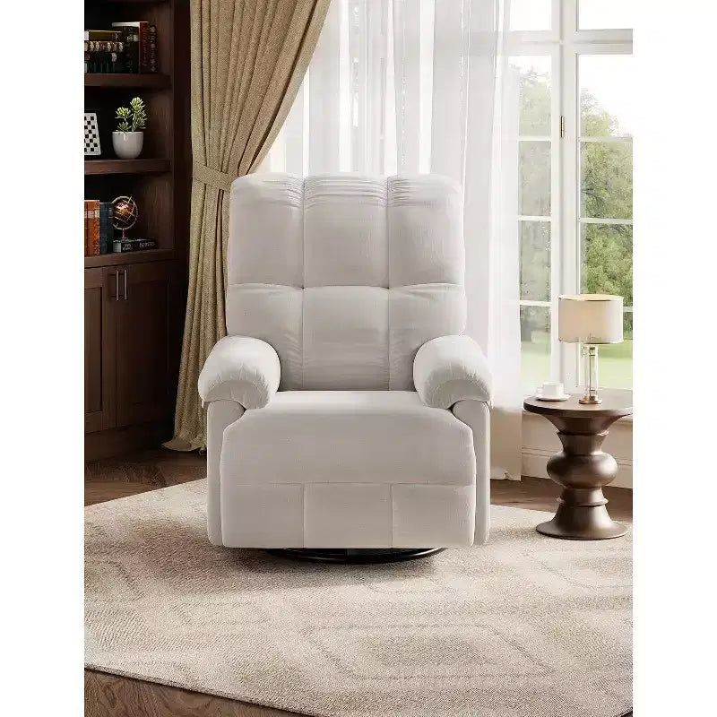 Fauteuil inclinable, pivotant et à bascule, rembourrage en chenille surpiqué, accoudoirs matelassés