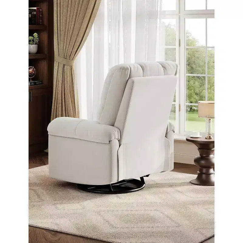 Fauteuil inclinable, pivotant et à bascule, rembourrage en chenille surpiqué, accoudoirs matelassés