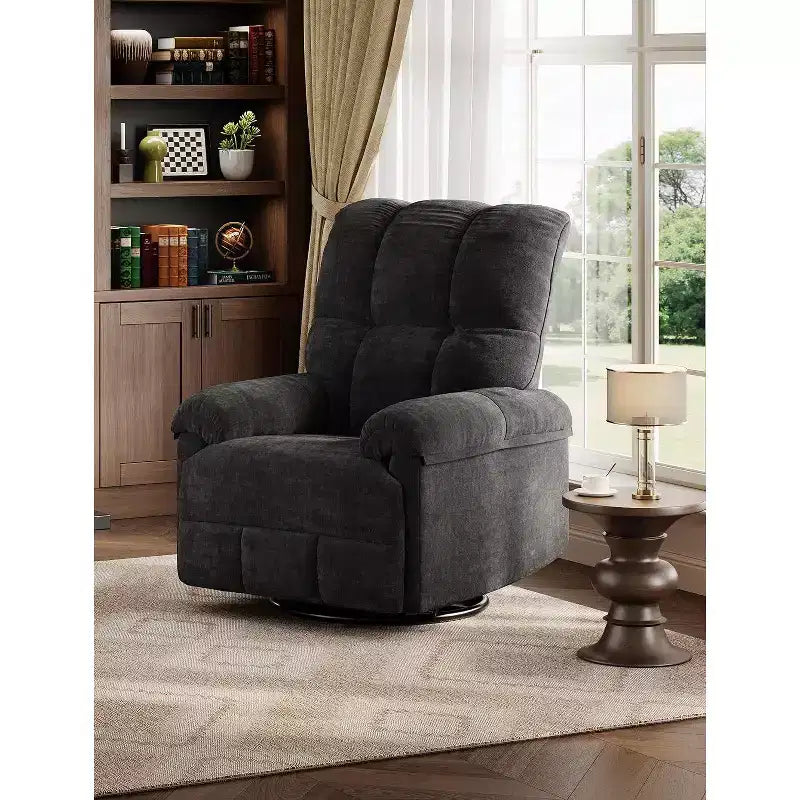 Fauteuil inclinable, pivotant et à bascule, rembourrage en chenille surpiqué, accoudoirs matelassés