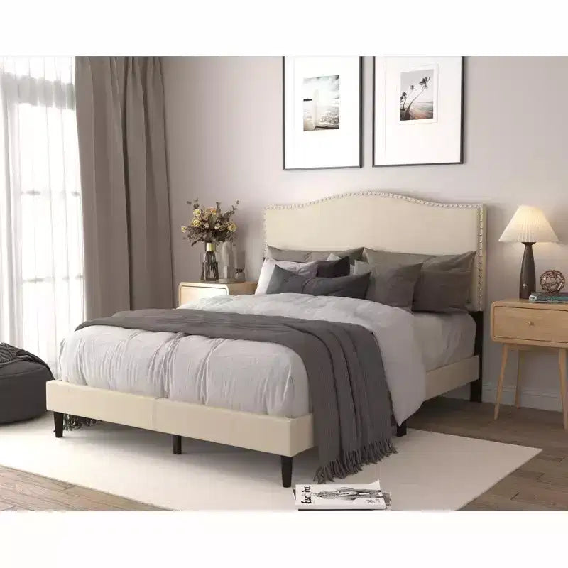 Home Design Manuel Nailhead Trim Linen Upholstered Platform Bed