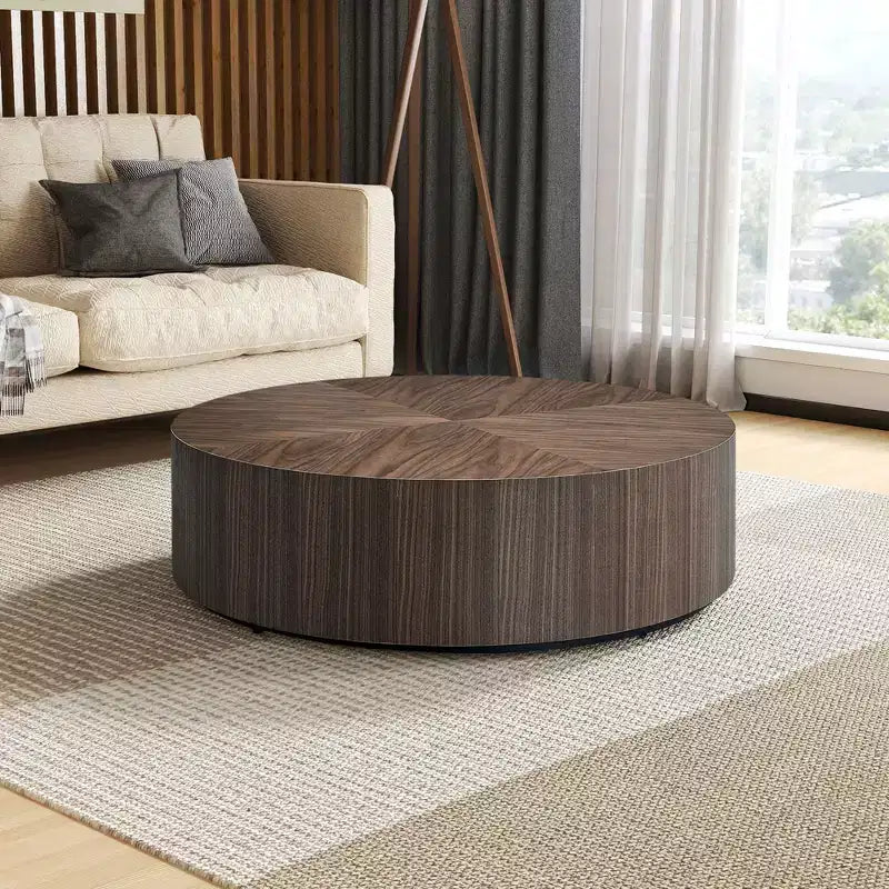 Table basse ronde en bois, table basse de salon avec base robuste en forme de tambour