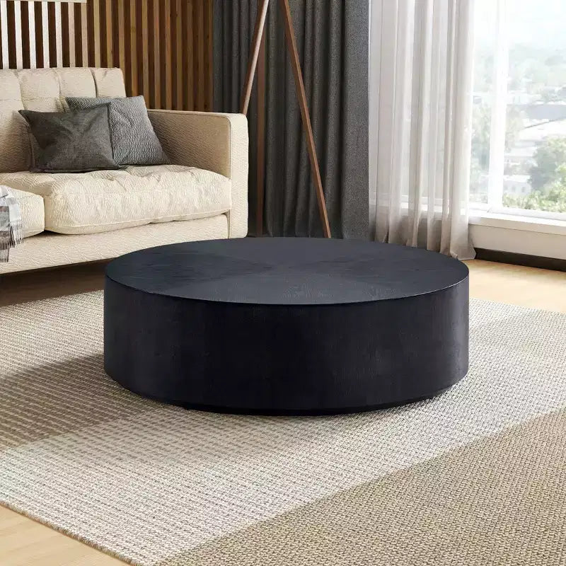Table basse ronde en bois, table basse de salon avec base robuste en forme de tambour