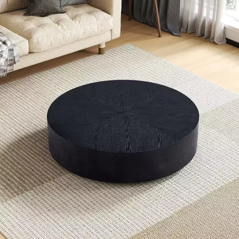 Table basse ronde en bois, table basse de salon avec base robuste en forme de tambour