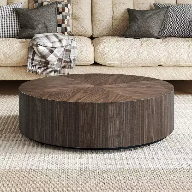 Table basse ronde en bois, table basse de salon avec base robuste en forme de tambour