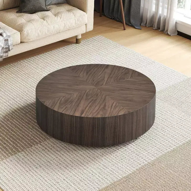 Table basse ronde en bois, table basse de salon avec base robuste en forme de tambour
