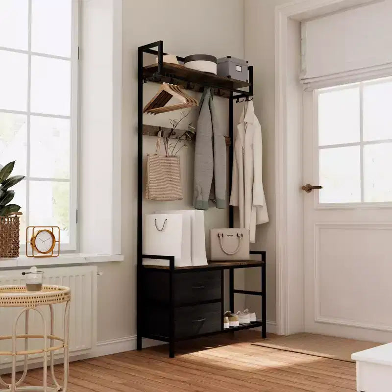 Porte-manteau avec 2 tiroirs mobiles, étagères de rangement pour chaussures et tringles à vêtements