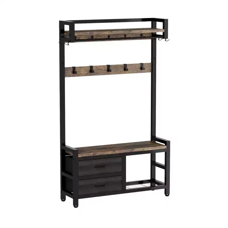 Porte-manteau avec 2 tiroirs mobiles, étagères de rangement pour chaussures et tringles à vêtements
