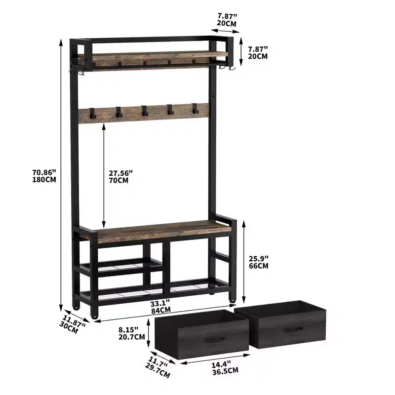 Porte-manteau avec 2 tiroirs mobiles, étagères de rangement pour chaussures et tringles à vêtements