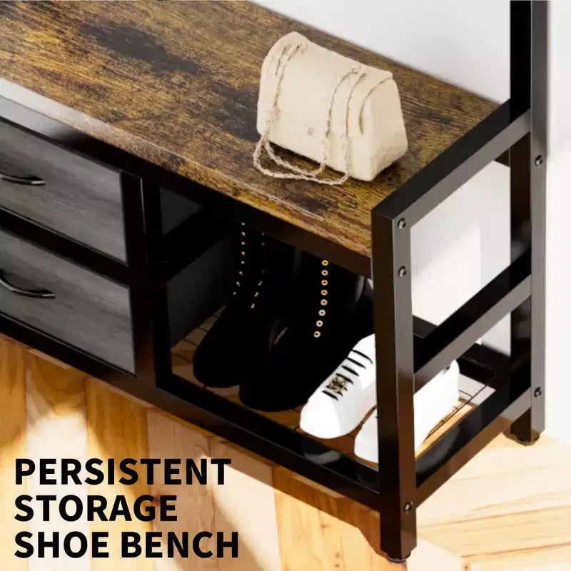 Porte-manteau avec 2 tiroirs mobiles, étagères de rangement pour chaussures et tringles à vêtements