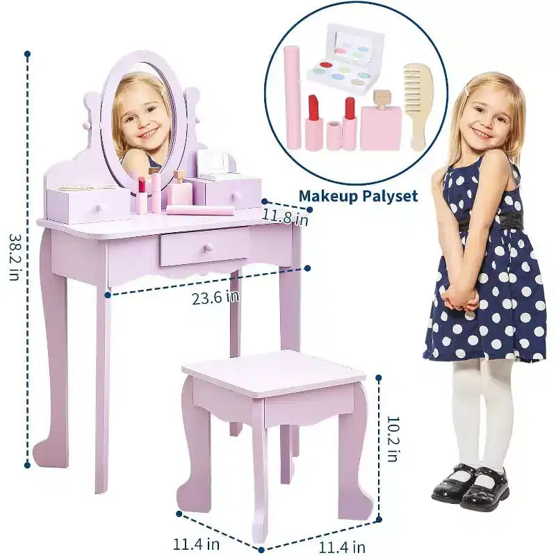 Coiffeuse pour enfants avec miroir réglable, table de jeu de simulation pour enfant, chaise et accessoires de maquillage