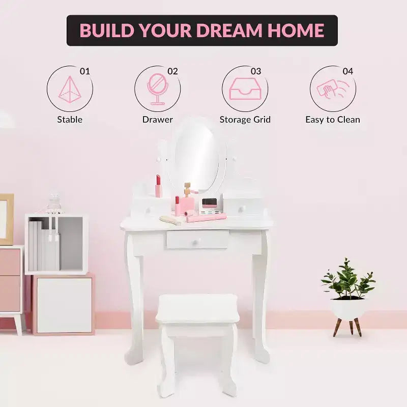Coiffeuse pour enfants avec miroir réglable, table de jeu de simulation pour enfant, chaise et accessoires de maquillage