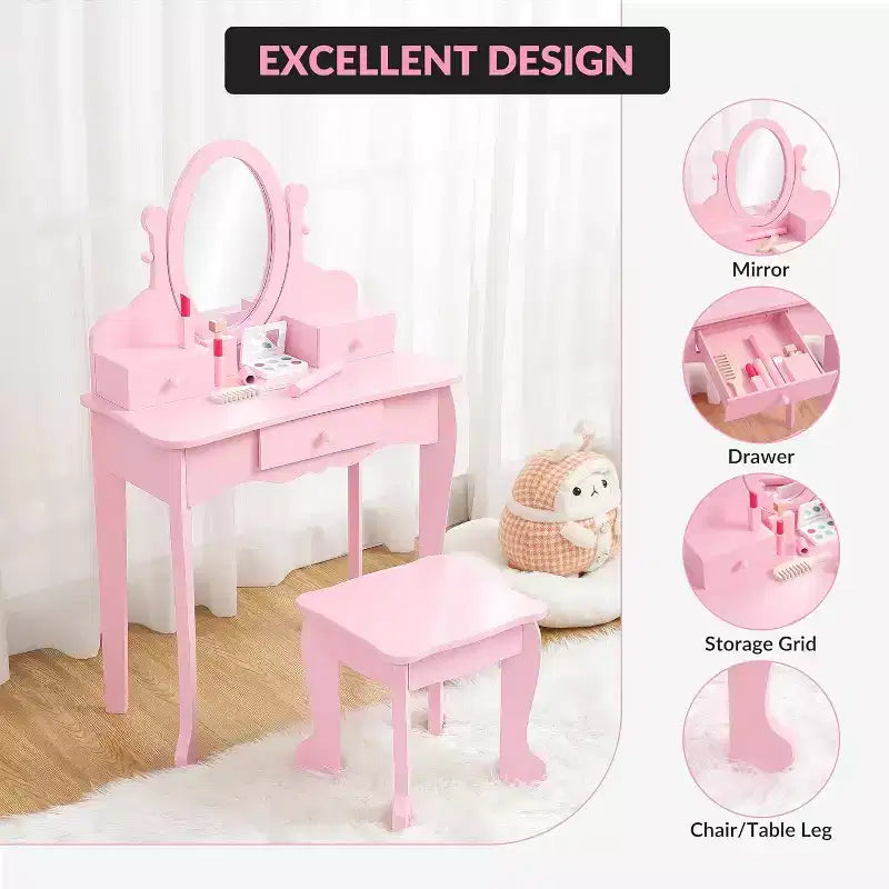 Coiffeuse pour enfants avec miroir réglable, table de jeu de simulation pour enfant, chaise et accessoires de maquillage