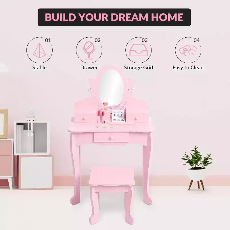 Coiffeuse pour enfants avec miroir réglable, table de jeu de simulation pour enfant, chaise et accessoires de maquillage
