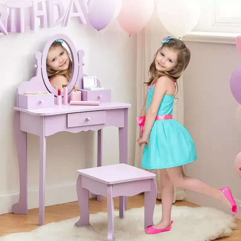 Coiffeuse pour enfants avec miroir réglable, table de jeu de simulation pour enfant, chaise et accessoires de maquillage