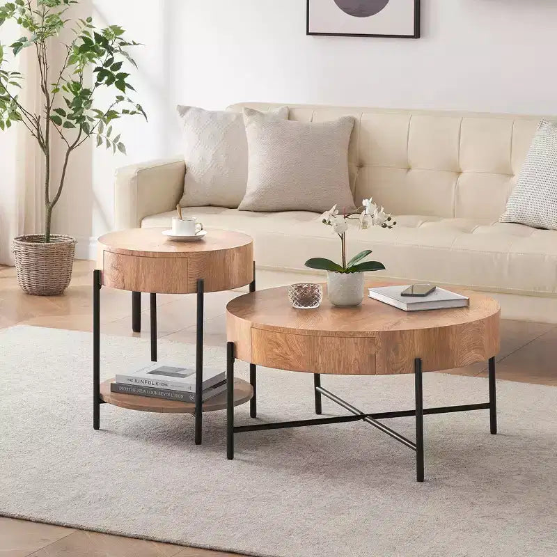 Table Basse Ronde en Bois Massif, Table d'Appoint de Salon avec Deux Tiroirs, Table Basse Circulaire Style Ferme