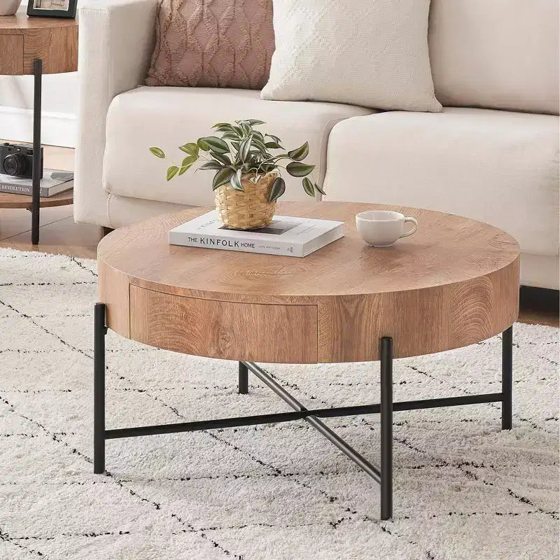 Table Basse Ronde en Bois Massif, Table d'Appoint de Salon avec Deux Tiroirs, Table Basse Circulaire Style Ferme