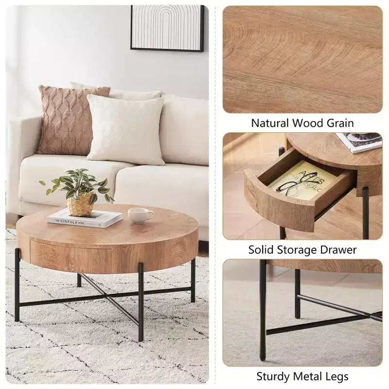 Table Basse Ronde en Bois Massif, Table d'Appoint de Salon avec Deux Tiroirs, Table Basse Circulaire Style Ferme