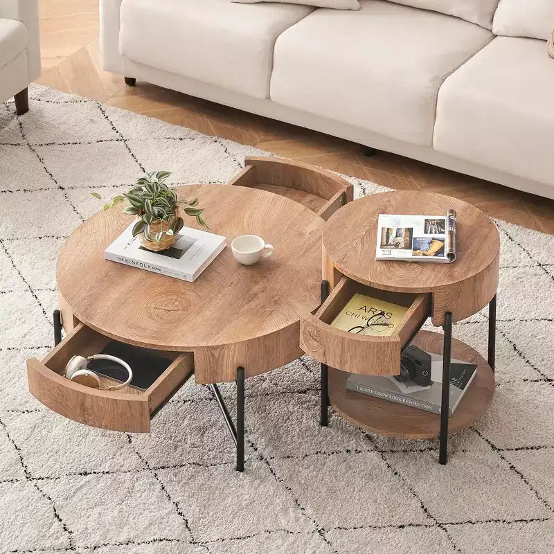 Table Basse Ronde en Bois Massif, Table d'Appoint de Salon avec Deux Tiroirs, Table Basse Circulaire Style Ferme