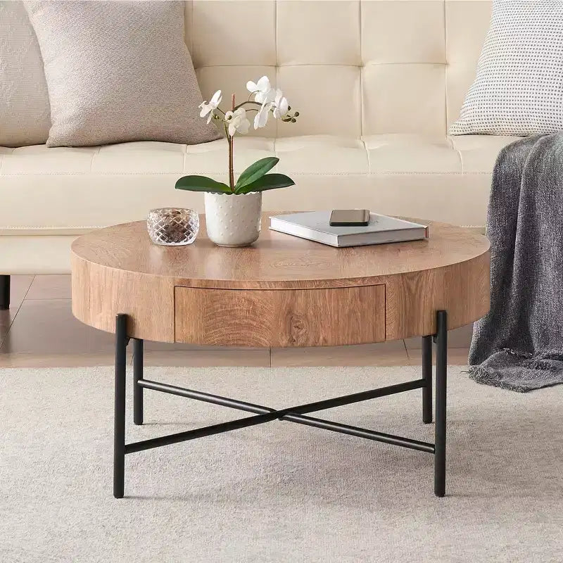 Table Basse Ronde en Bois Massif, Table d'Appoint de Salon avec Deux Tiroirs, Table Basse Circulaire Style Ferme