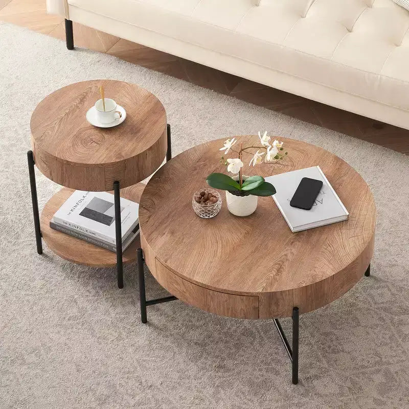 Table Basse Ronde en Bois Massif, Table d'Appoint de Salon avec Deux Tiroirs, Table Basse Circulaire Style Ferme