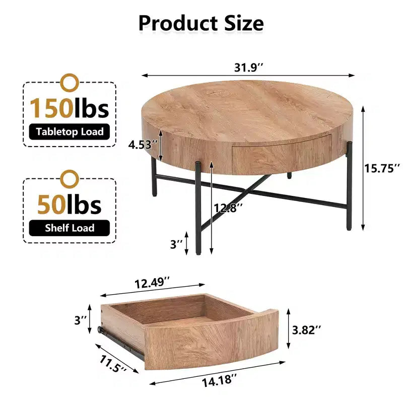 Table Basse Ronde en Bois Massif, Table d'Appoint de Salon avec Deux Tiroirs, Table Basse Circulaire Style Ferme