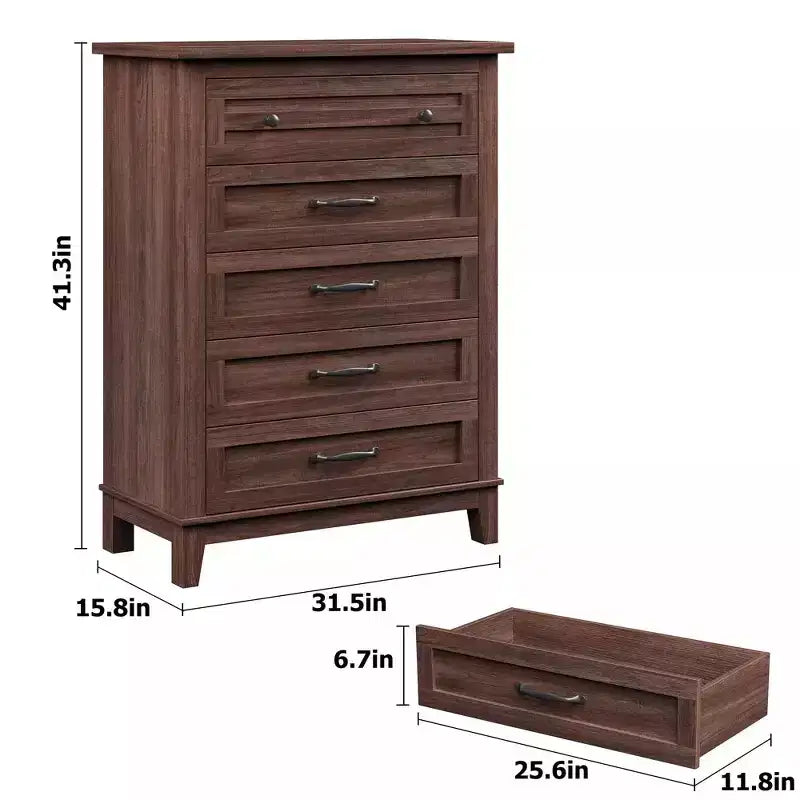 Commode de chambre à 5 tiroirs verticale avec rangement, commode autonome en bois