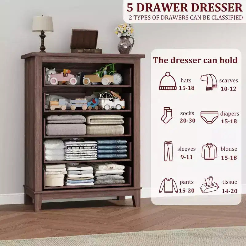 Commode de chambre à 5 tiroirs verticale avec rangement, commode autonome en bois