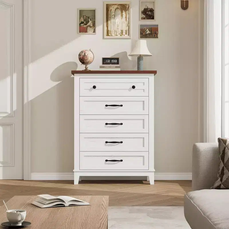 Commode de chambre à 5 tiroirs verticale avec rangement, commode autonome en bois